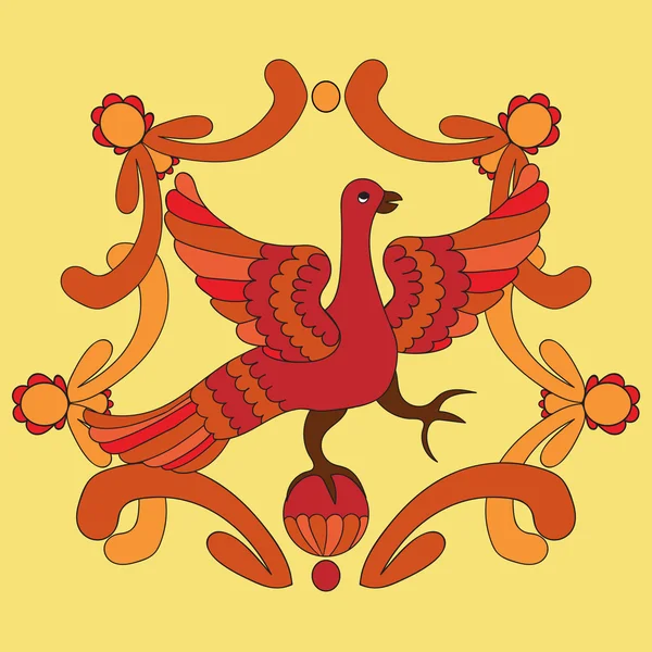 神话鸟类的装饰载体插图。黄色背景上的红凤凰鸟。霍洛玛风格。民俗动机。童话故事、故事、神话和传说装饰. — 图库矢量图片