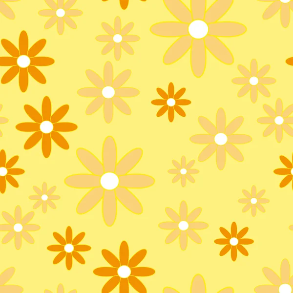 Vector seamless patter with plane flowers. Background with simple camomiles on the soft yellow background. — ストックベクタ