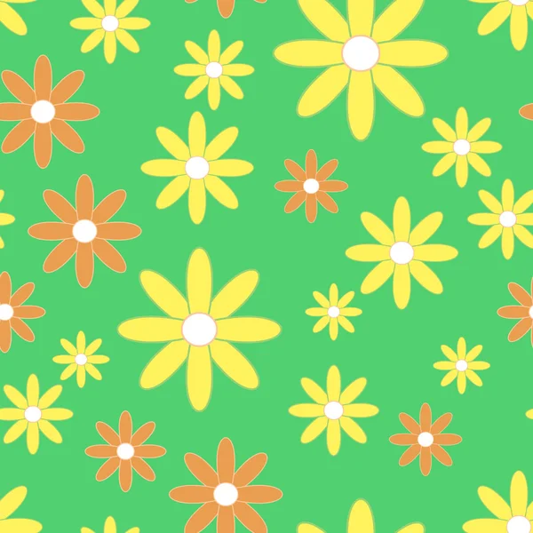 Vector seamless patter with plane flowers. Background with yellow and orange simple camomiles on the green background. — Stockový vektor