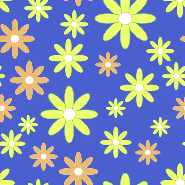 Vector sem costura com flores planas. Fundo com camomilas simples amarelas e laranja no fundo azul . —  Vetores de Stock