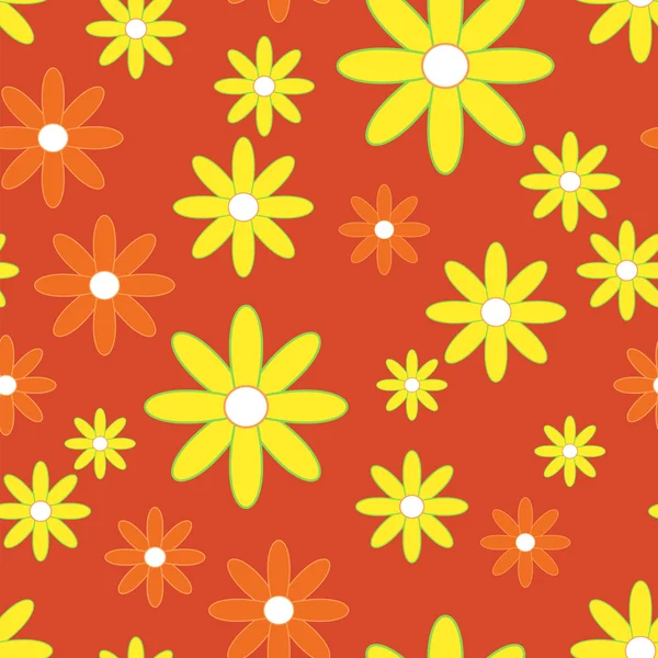 Vector sem costura com flores planas. Fundo com camomilas simples amarelas e laranja no fundo vermelho . —  Vetores de Stock