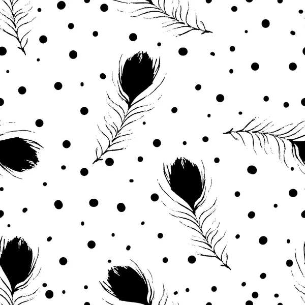 Vector seamless pattern. Vintage white background with black abstract peacock feathers and dots. Light backdrop. Hand-drawn texture. — Stock Vector