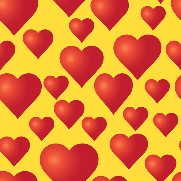 Vector seamless pattern with red hearts on the yellow background. Wedding or Valentine's Day texture. Love template. Romantic backdrop. — Stock Vector