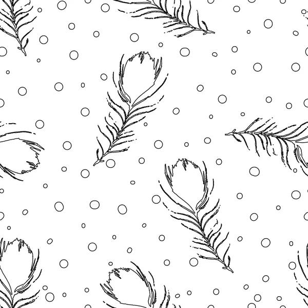 Seamless abstract pattern with peacock feathers and dots. Vintage white and black background. Vector light backdrop. Hand-drawn texture. — Stock Vector