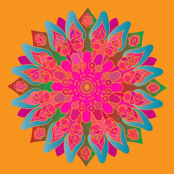 Bright pink and blue mandala on the orange background. Isolated round element. Vector illustration. — Stockvector