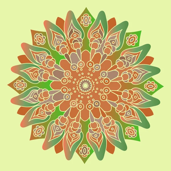 Green and brown mandala on the soft yellow background. Isolated round element. Vector illustration. — Wektor stockowy