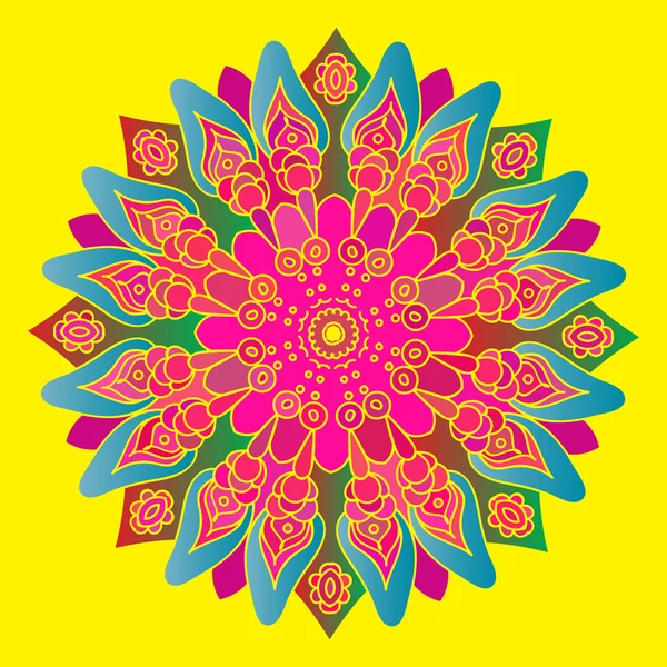 Bright pink mandala on the yellow background. Isolated round element. Vector illustration. — Stockvector