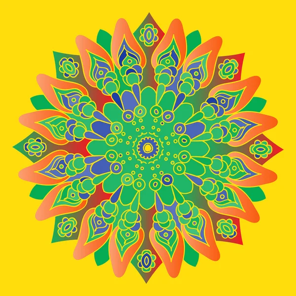 Bright green and orange mandala on the yellow background. Isolat — Stockvector