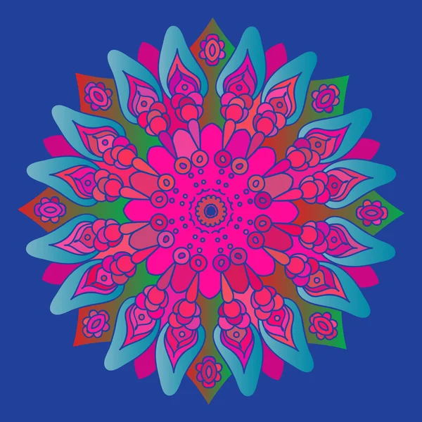 Bright pink mandala on the blue background. Isolated round element. Vector illustration. — Stok Vektör