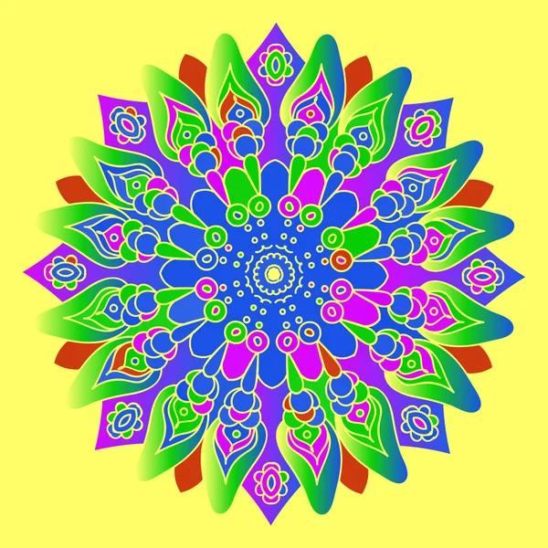 Bright colorful mandala on the yellow background. Isolated round element. Vector illustration. — Stok Vektör