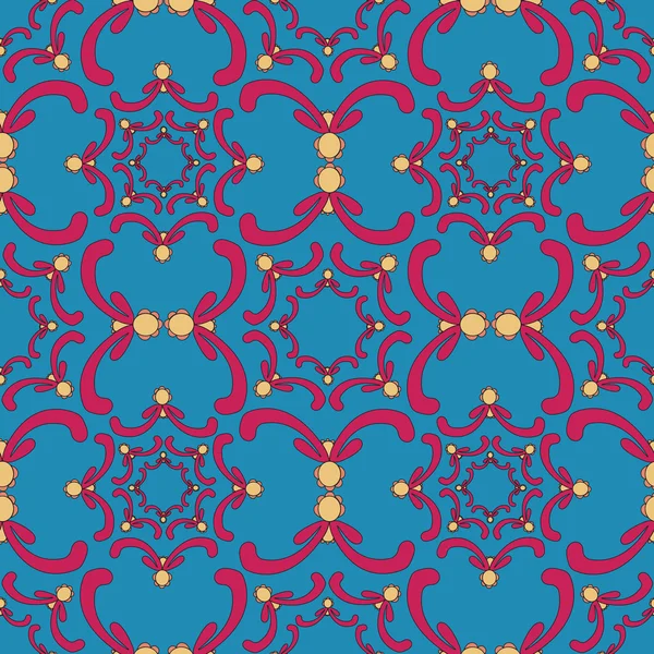 Ornamental seamless pattern. Vintage template. Red curve elements on the blue background. Filigree texture. — Stok Vektör