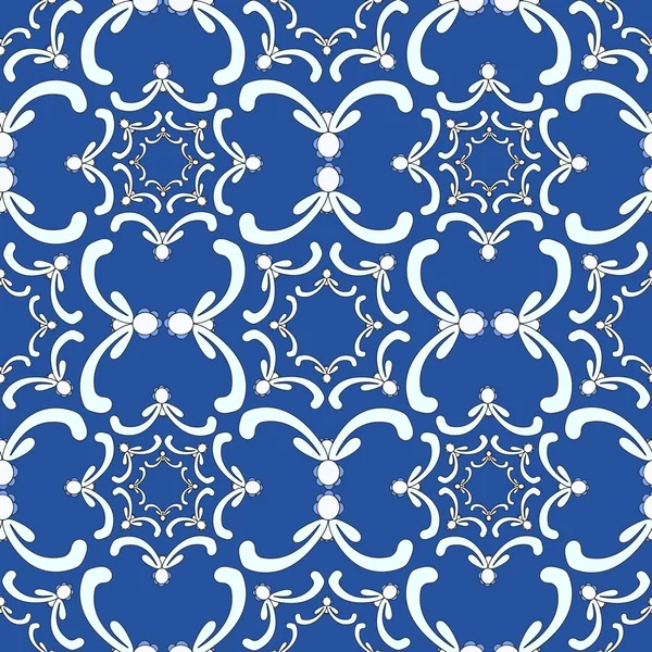 Ornamental seamless pattern. Vintage template. White curve elements on the blue background. Filigree texture. — Stock Vector