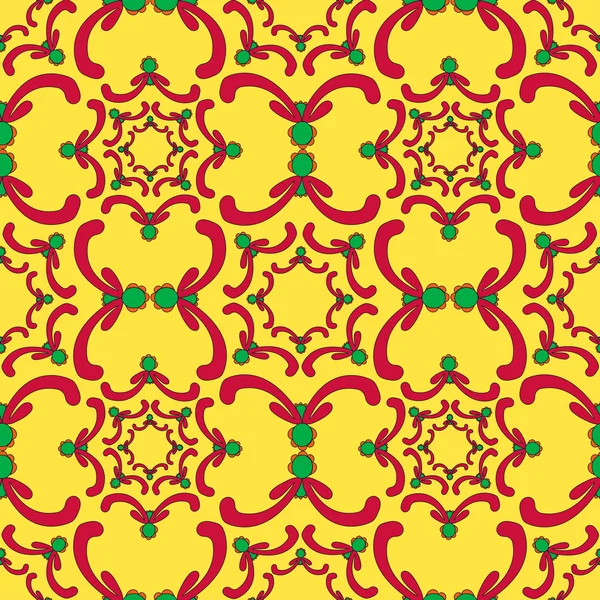 Ornamental seamless pattern. Red and green curve elements on the yellow background. Vintage template. Bright backdrop. Filigree texture. — Stok Vektör