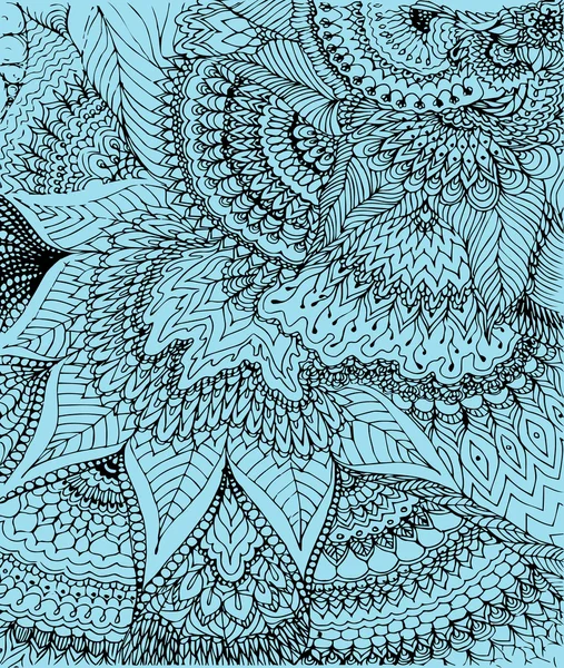 Vektor-Illustration der Doodle-Zeichnung auf hellblauem Hintergrund. abstrakte schwarze Linien, Kurven und Blätter. Vintage-Kulisse. Handgezeichnete Textur. — Stockvektor
