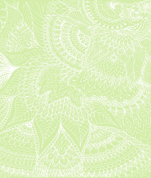 Vector illustration of doodle drawing on the light green background. Abstract white lines, curves and leaves. Vintage backdrop. Hand-drawn texture. — Stock Vector