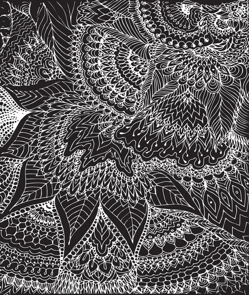 Векторная иллюстрация рисунка каракулей. Абстрагирующиеся белые линии, изгибы и листья на черном фоне. Винтажный фон. Ручная текстура . — стоковый вектор