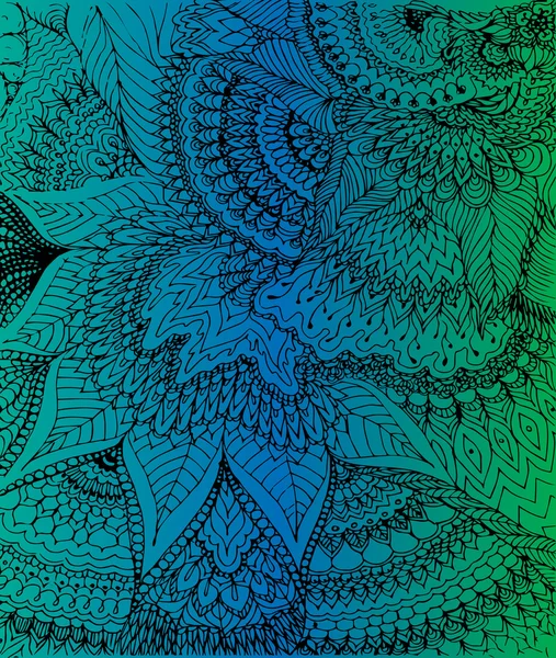 Doodle degrade yeşil ve mavi arka plan üzerinde çizim vektör Illustration. Soyut siyah çizgiler, eğriler ve bırakır. Vintage zemin. Çizilmiş doku.