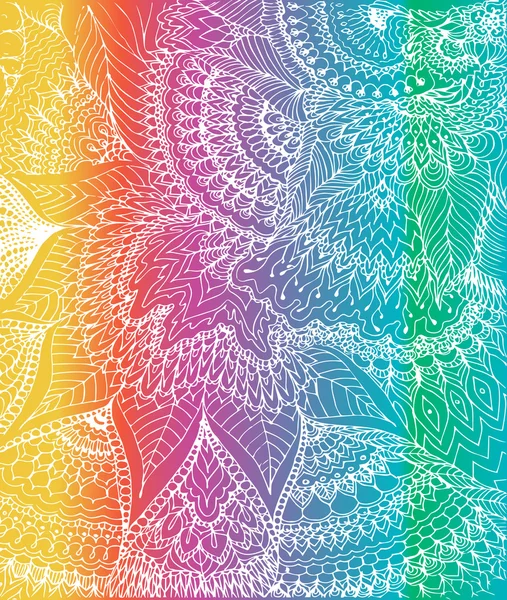 Ilustración vectorial del dibujo de garabatos sobre el fondo brillante. Líneas blancas abstractas, curvas y hojas. Fondo vintage. Textura dibujada a mano. Colores del arco iris . — Archivo Imágenes Vectoriales