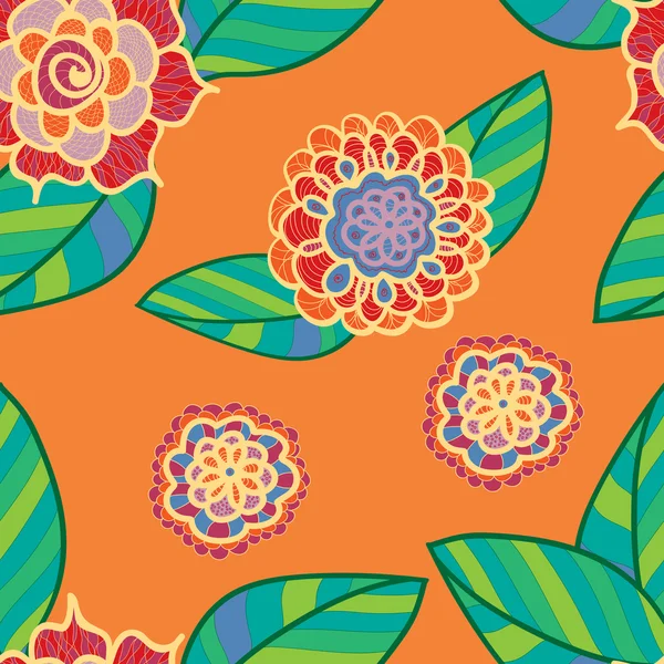 Vektör doodle çiçekli parlak seamless modeli. Turuncu Çiçek arka plan. Soyut çiçek yaprakları ile.