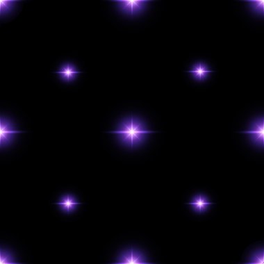 Seamless pattern of luminous stars. Illusion of light flashes. Purple flames on a black background. Abstract background. Vector illustration.