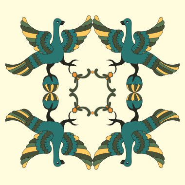 Ornamental vector illustration of mythological birds. Folkloric motive. Fairy tales, stories, myths and legends decoration.