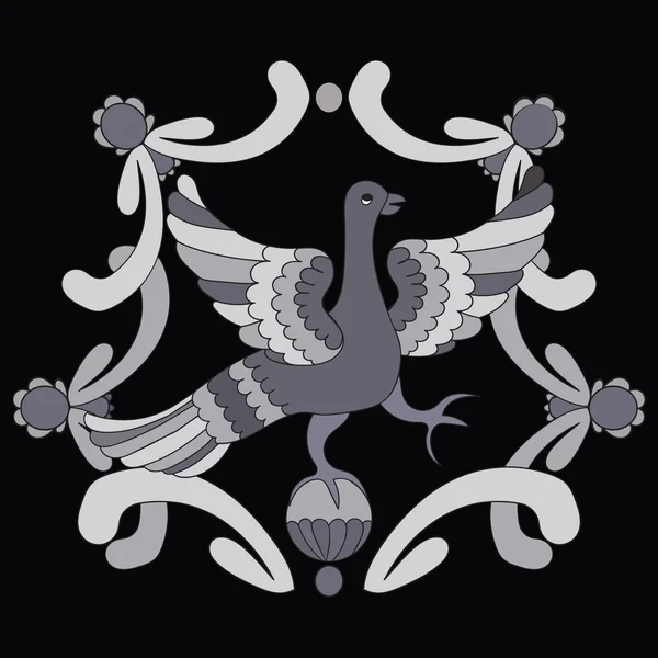 Ornamental vector illustration of mythological bird. Gray fairy bird on the black background. Monochrome template. Folkloric motive. Fairy tales, stories, myths and legends decoration. — Stock vektor