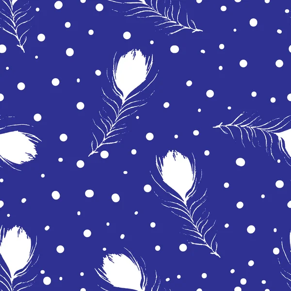 Seamless abstract pattern with peacock feathers and dots. Vintage blue background. Vector backdrop. Hand-drawn texture. — Wektor stockowy