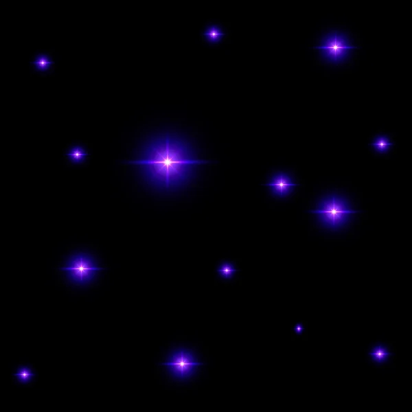 Seamless pattern of luminous stars. Illusion of light flashes. Purple flames on a black background. Abstract background. Vector illustration.