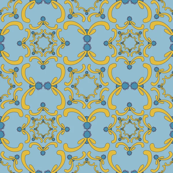Ornamentale nahtlose Muster. Vintage-Vorlage. blauer Hintergrund mit gelben Kurvenelementen. Filigrane Textur. — Stockvektor