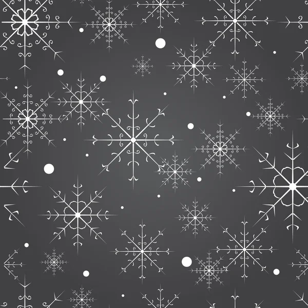 Patrón sin costuras vectorial con copos de nieve en el fondo gris. Fondo vintage para el invierno y el tema de Navidad. Textura nevada . — Vector de stock