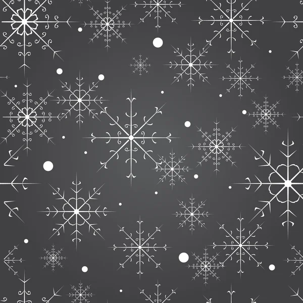 Padrão sem costura vetorial com flocos de neve no fundo cinza. Fundo vintage para o inverno e tema de Natal. Textura nevada . — Vetor de Stock