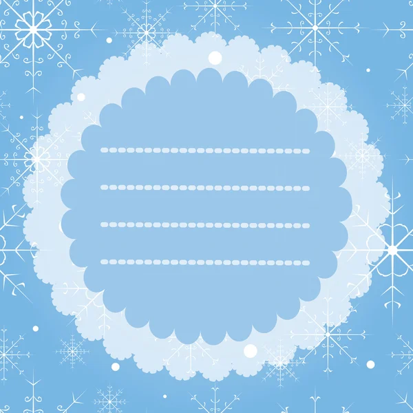 Greeting card with snowflakes. Merry Christmas and Happy New Year vintage card. Blue background, round frame with space for text. Vector illustration. Template frame design for xmas card — Stockvector