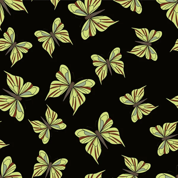 Nahtloses Muster mit gelben Schmetterlingen auf schwarzem Hintergrund. Vintage Textur. Sommerkulisse. Vektorillustration. — Stockvektor
