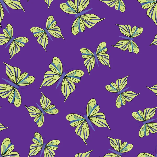 Modèle sans couture avec des papillons jaunes sur le fond violet. Texture vintage. En toile de fond d'été. Illustration vectorielle . — Image vectorielle