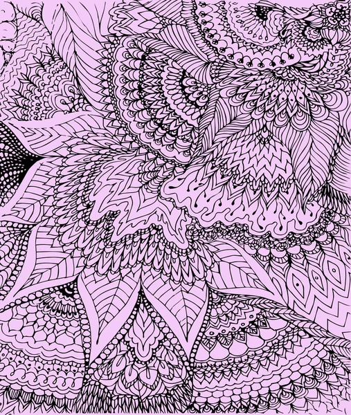 Vektor-Illustration der Doodle-Zeichnung auf dem hellvioletten Hintergrund. abstrakte schwarze Linien, Kurven und Blätter. Vintage-Kulisse. Handgezeichnete Textur. — Stockvektor