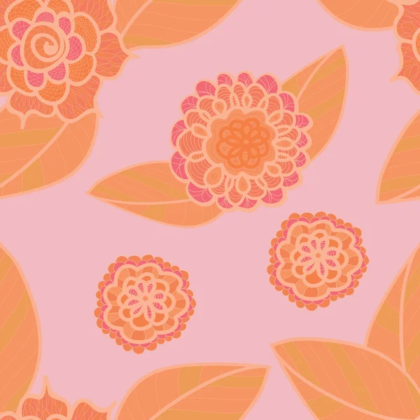Padrão sem costura vetor rosa macio com flores de laranja doodle. Pálido fundo floral vermelho . — Vetor de Stock