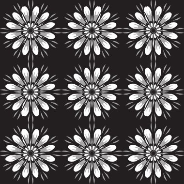 Çiçeklerle dikişsiz desen. Vintage doku. Tek renkli arka plan. Gri ve beyaz papatyalar. Siyah arka plan. Vektör İllüstrasyonu.