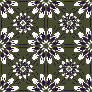 Çiçeklerle dikişsiz desen. Vintage doku. Tek renkli arka plan. Papatyalar ile koyu yeşil arka plan. Vektör İllüstrasyonu.