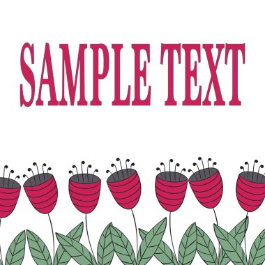 Floral card with stylized flat flowers. Line of abstract red bellflowers on white with place for text above. Design for background greeting, thank you cards and invitations. Vector illustration.