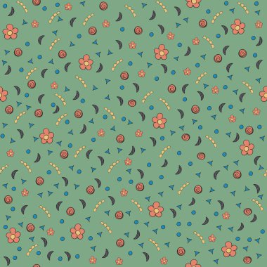 Cute tiny flowers and elements. Seamless pattern. Vintage green Cute tiny flowers and elements. Seamless pattern. Vintage green background. Floral texture. Summer backdrop. Vector illustration.
