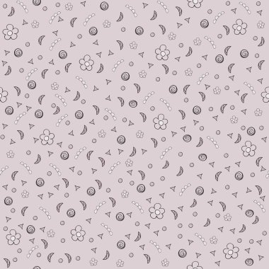 Cute tiny flowers and elements. Seamless pattern. Vintage background. Floral texture. Gray pink colors. Light backdrop. Vector illustration.