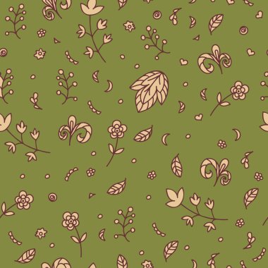 Çiçek doku. Doodle seamless modeli. Soyut bej renkli çiçekler ve öğeleri yeşil arka plan üzerinde. Vektör çizim. Dekoratif kartı. Sıcak renkler.