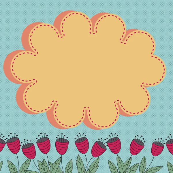 Floral card with stylized flowers and cloud design element with place for text. Line of abstract red bellflowers on blue. Background for greeting, thank you cards and invitations. Vector illustration. — Stockový vektor