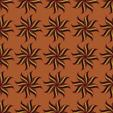 Stylized star anise seamless pattern. Brown elements on orange background. Abstract texture. Summer bright backdrop. Vector illustration.