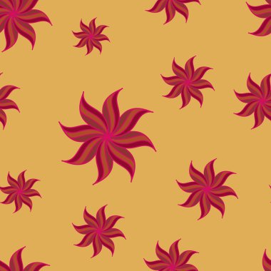 Stylized star anise seamless pattern. Red elements on yellow background. Abstract texture. Summer bright backdrop. Vector illustration.