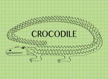Vector illustration of cartoon crocodile on green background. Alligator symbol, crocodile icon. Doodle alligator. Crocodile logo design. Place for text.