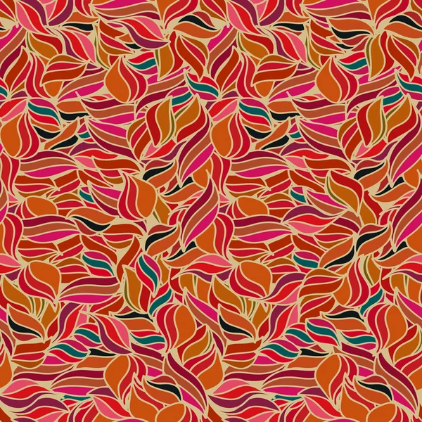Modèle ondulé sans couture lumineux. Fond estival. Couleurs rouge et orange. Papier peint abstrait avec des feuilles. Texture des vagues colorées. Illustration vectorielle . — Image vectorielle