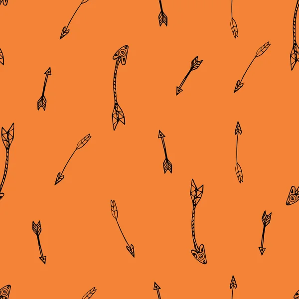 Ethnic seamless pattern. Texture with tribal hand drawn arrows. Native american design. Backdrop with vintage arrows. Black doodle elements on the bright orange background. Vector illustration. — Stock vektor