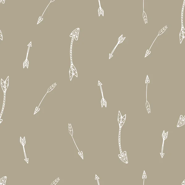 Modèle sans couture ethnique. Texture avec des flèches tribales dessinées à la main. Design amérindien. Fond avec des flèches vintage. Éléments blancs doodle sur le fond gris beige. Illustration vectorielle . — Image vectorielle