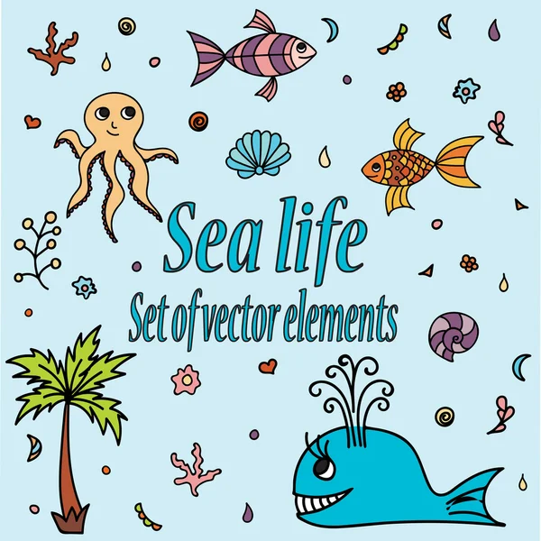 Deniz hayvanları ve öğeleri kümesi. Tatlı suda yaşayan yaratıklar. Kabukları ile çizilen illüstrasyon el, balina, palm ağacı, balıklar, ahtapot ve mercan. Vektör karikatür simgeleri. Deniz yaşamı — Stok Vektör